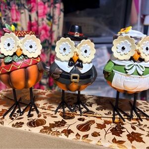 Set of Three Festive Owl Figurines
